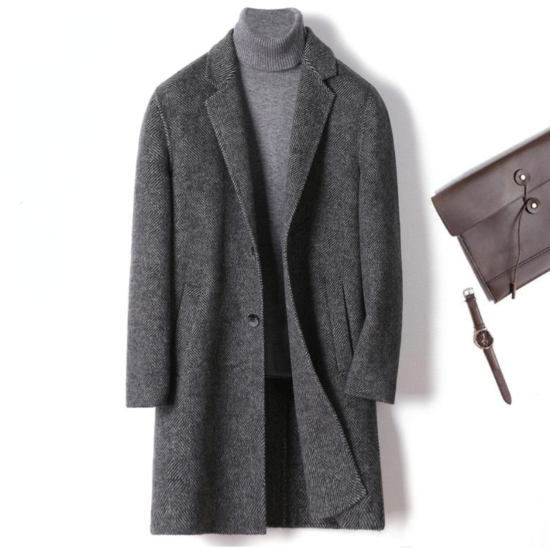 Cashmere Wool Plaid Coat Men Autumn and Winter Woolen Jacket Gray Trench Coats Smart Casual Overcoat Trendy Mens Clothing