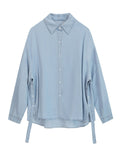 Women Light Blue Denim Ribbon Blouse New Lapel Long Sleeve Loose Fit Shirt Spring Autumn
