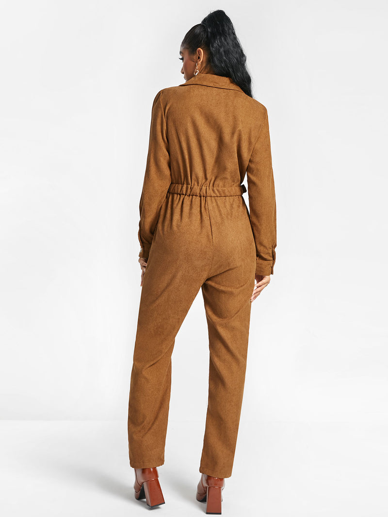 Corduroy Buckle-belted Shirt-style Jumpsuit Solid Long Sleeves Overalls Fall Outfits Women