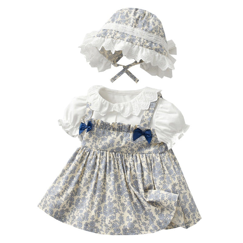 Floral Vintage Court Girls Dress Summer Ruffles Birthday Party Princess Costume Toddler Puff Sleeve Dress With Exquisite Hat Set