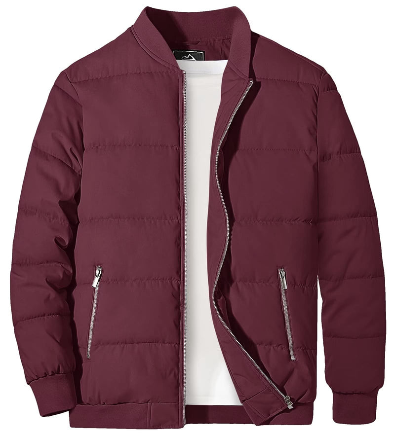 Winter Quilted Lined Bomber Jackets Mens Puffer Jackets Full Zip Casual Warm Coats Zipper Pockets Hiking Outwear Tops