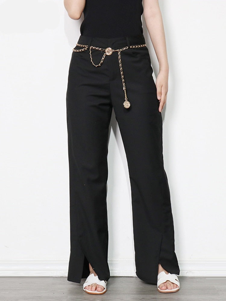 Minimalist Patchwork Chain Trousers For Women High Waist Flat Zipper Split Buttom Casual Wide Leg Pants Female Autumn