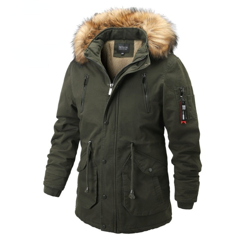 Men Medium Long Thick Warm Cotton Coat Fur Collar Zipper Multi Pocket Parka Coat Men Outdoor Windproof Coat