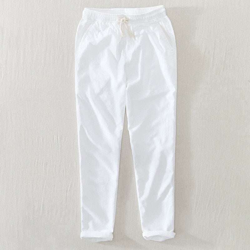 Summer Men Solid Simple Casual Thin Natural Cotton Linen Pants Elastic Waist Drawstring White Beach Trousers