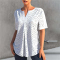 V Neck Women Blouse Embroidery Hollow Short Sleeve Cotton Blend Summer Lady