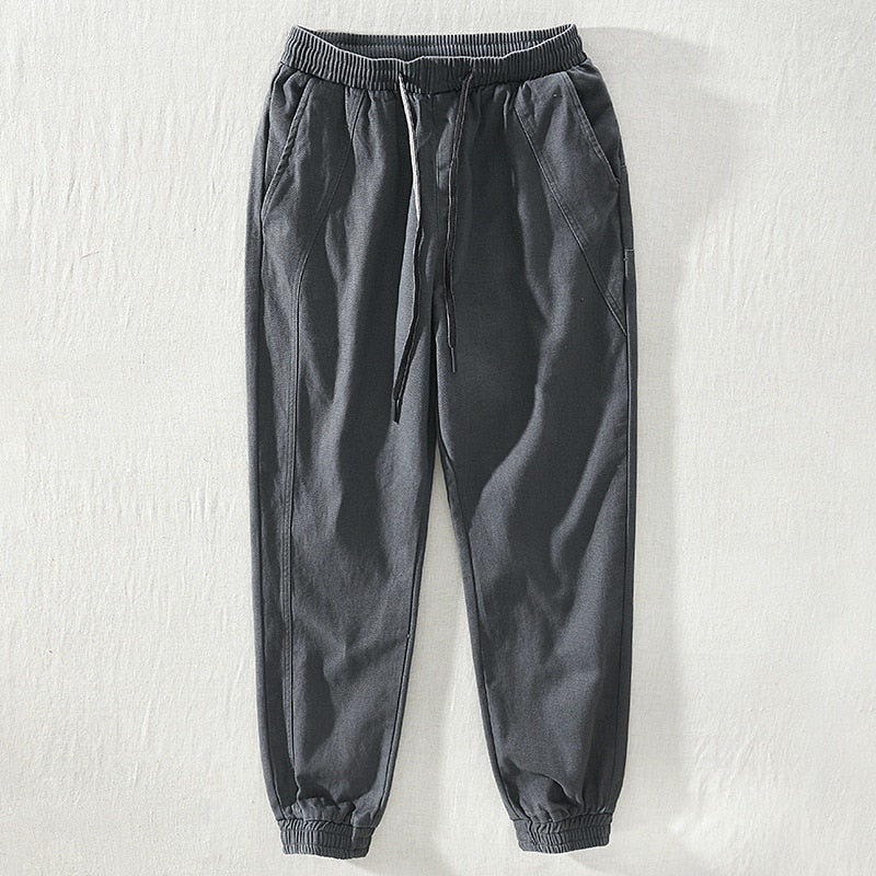 Winter Fall Men Vintage Legging Pants Elastic Waist Solid Simple Casual Loose Cotton Trouser