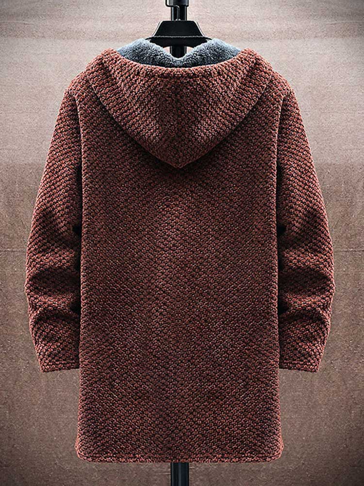 Fleece-lined Sweatercoat for Men Zipper Long Hooded Cardigan Solid Thicken Outerwear Fall Winter Warm Jackets Sweater