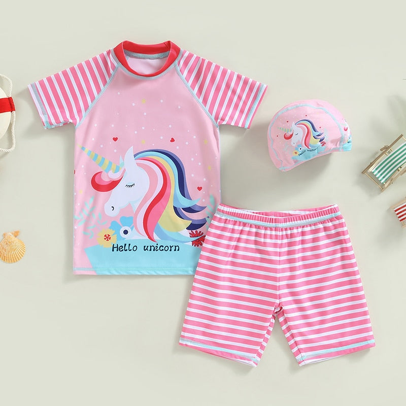 Kids Girls Swimsuit Short Sleeve Cartoon Horse T-shirt with Striped Shorts and Swimming Hat Children Bathing Suit