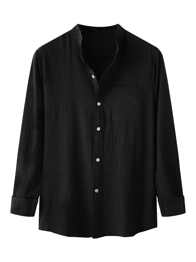 Mens Shirts Solid Long Sleeve Blouse Non-Stretch Fabric Linen Texture Tops Stand Collar with Patch Pocket