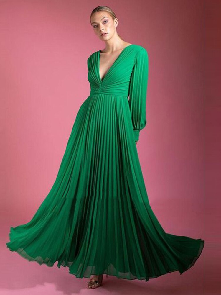 Women Elegant Maxi Dress Pleated Backless Solid New V Neck Long Sleeve Evening Party Dresses Summer