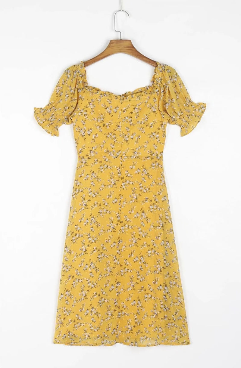 Summer Elegant Yellow Floral Dress Women French Vintage Chiffon Jacquard Weave Sexy Dress
