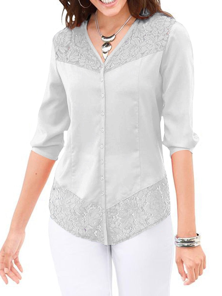Spring Lace Patchwork Blouse 3/4 Sleeve V-Neck Tops Female Casual Loose Elegant Vintage Solid Color Shirts