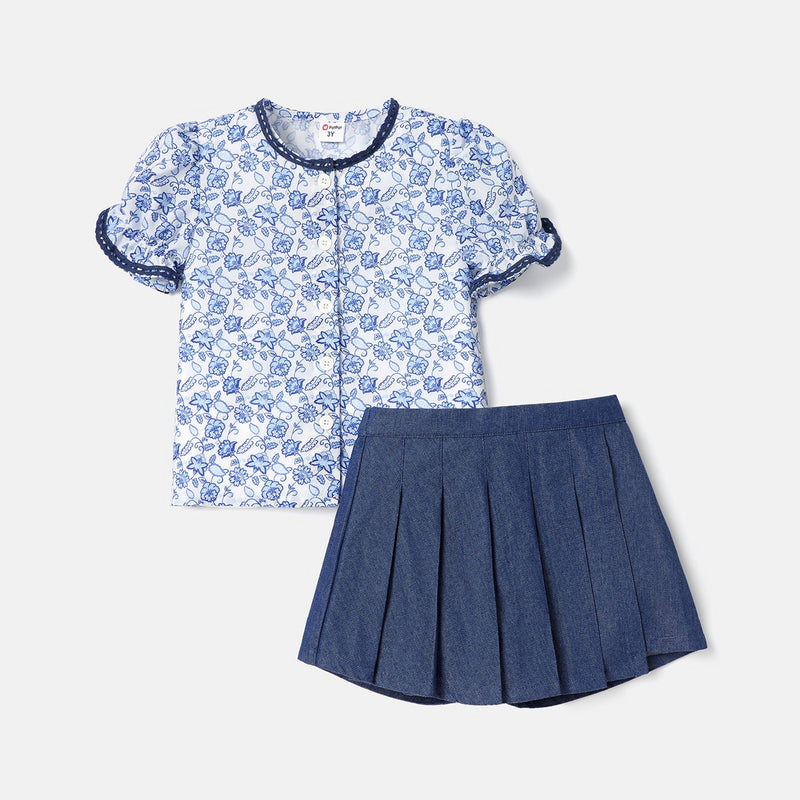 Toddler Girl Floral Puff-sleeve Tee and Pleated Denim Skirt Set