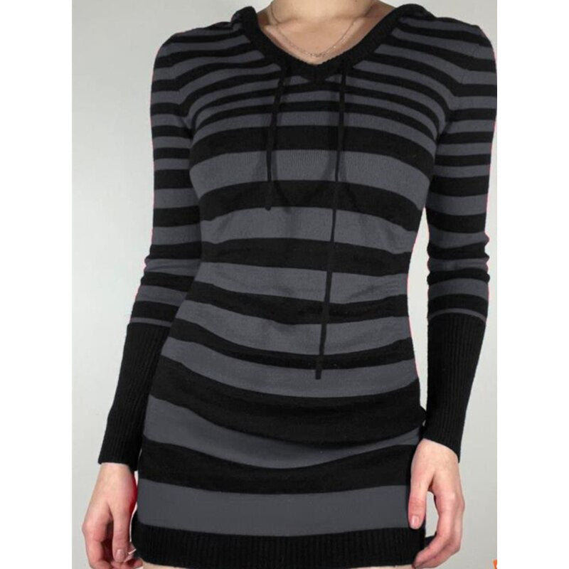 Striped Dress Women Long Sleeve Hooded Knit Dress Grunge Goth Dresses Streetwear