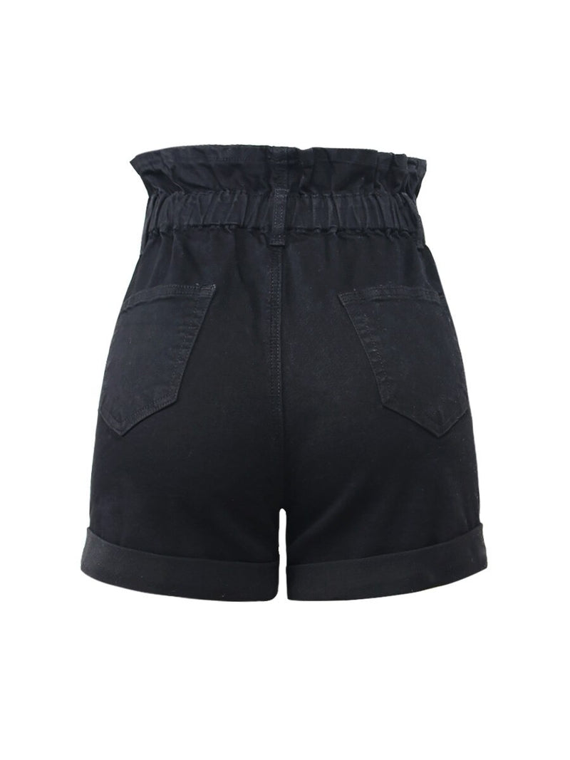 Summer Elegant High Waist Ruffles Folded Denim Shorts Women`s Stretchy Black Shorts Jeans For Women Clothing