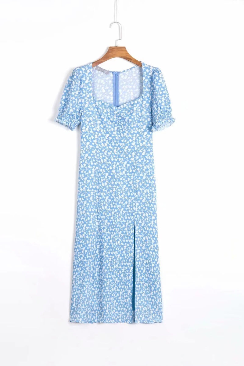 Vintage Blue Floral Summer French Style Indie Folk Square Collar Sexy Beach Forking Midi Dress Women