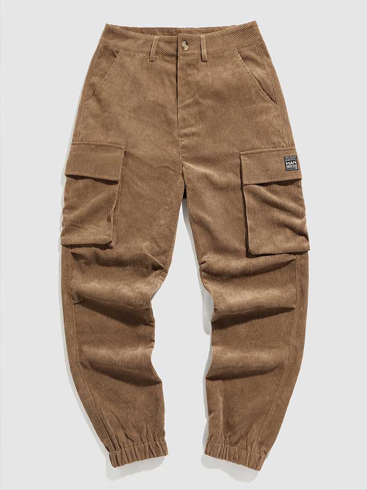 Corduroy Cargo Pants for Men Beam Feet Tooling Trouser Fall Winter Low-waist Techwear Trouser Solid Long Pant with Pockets