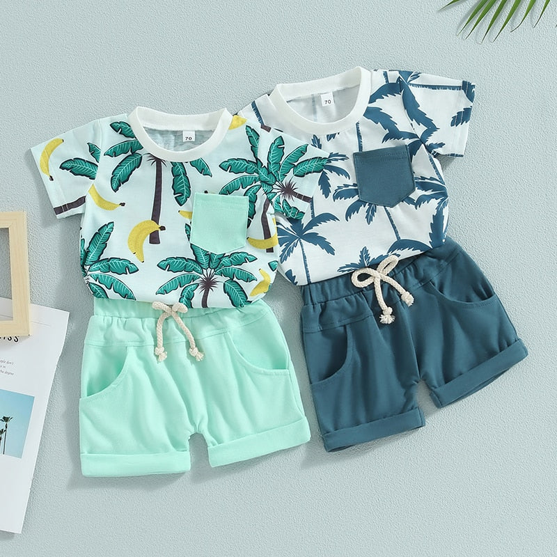 Toddler Infant Boy Summer Clothes Suits Beach Style Tree Sleeve Crew Neck T-Shirts and Elastic Waist Shorts 2Pcs Set