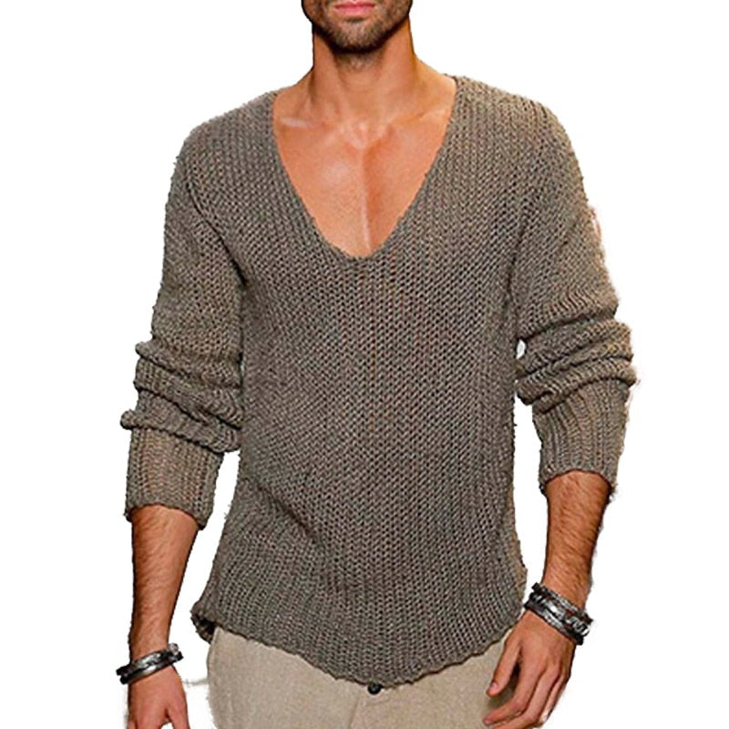 Men Casual Solid Sweater V-neck Loose Cotton Sweater Pullovers Men High Elasticity Slim Fit Male Pullover