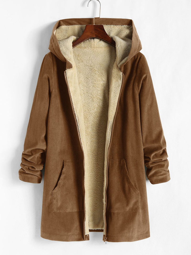 Corduroy Fleece Lined Pockets Hooded Coat Women Long Thermal Warm Zipper Jacket Autumn Winter Casual Outerwear