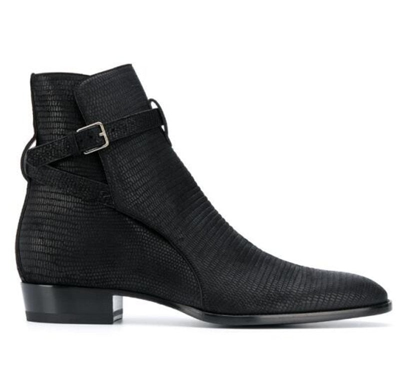 Designer Luxury lizard pattern Pointed toe Real Leather Buckle Strap Man Boots