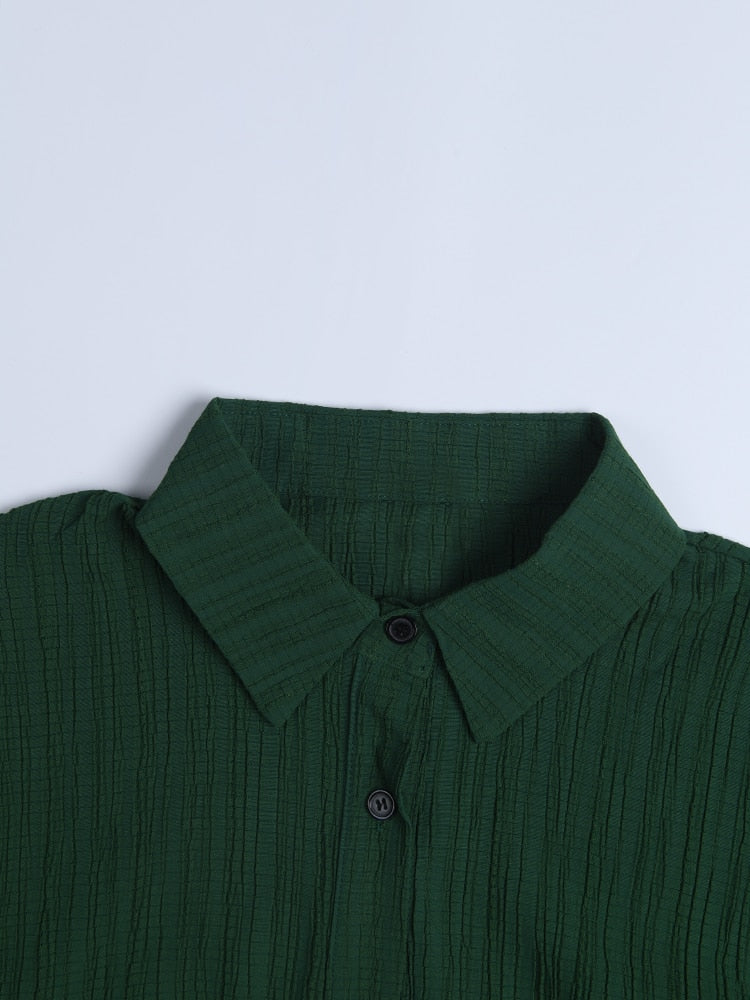 Women Green Irregular Pleated Lapel Long Sleeve Loose Fit Shirt  Spring Autumn