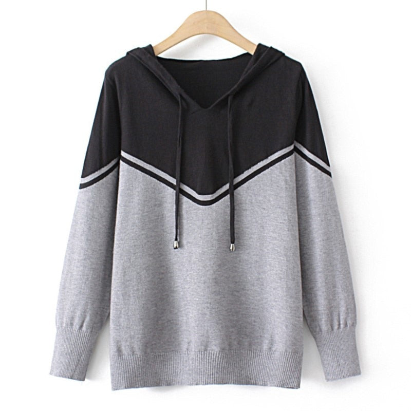 Women Jumper Autumn Clothing Slim Fit High Stretch Sweater Winter Patchwork Block Hooded Knitted Pullovers