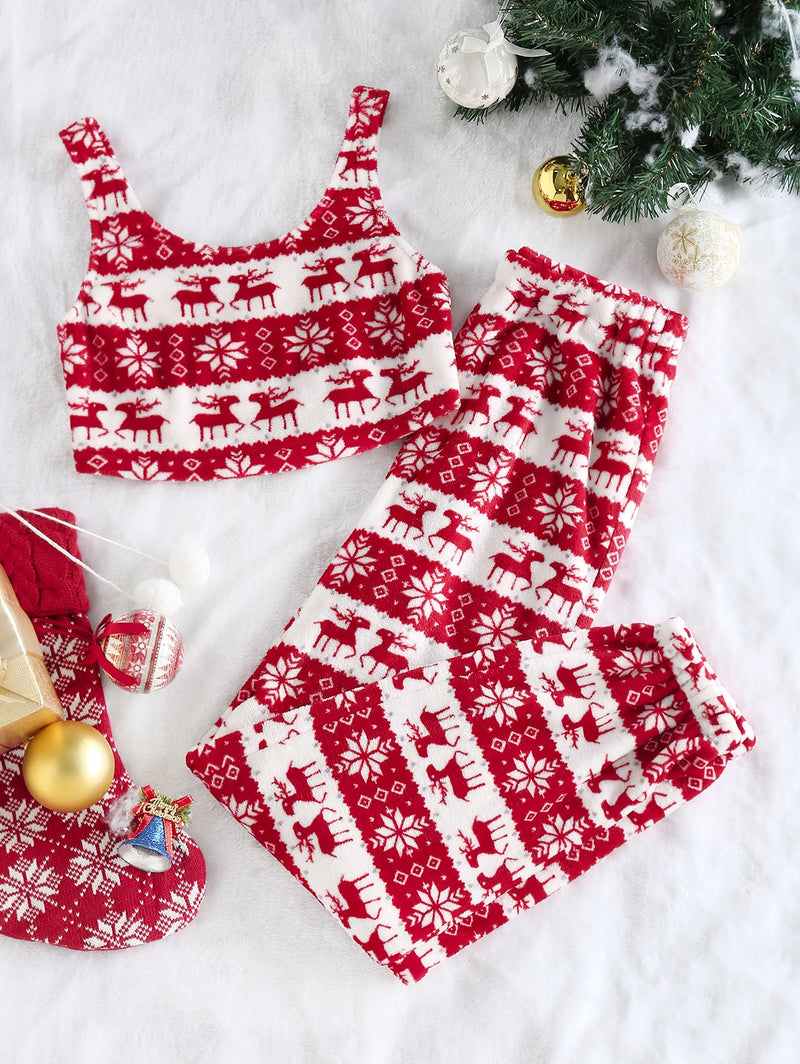 Christmas Snowflake Fleece Crop Top and Pants Set Female Festival Two Piece Sets Womens Outifits