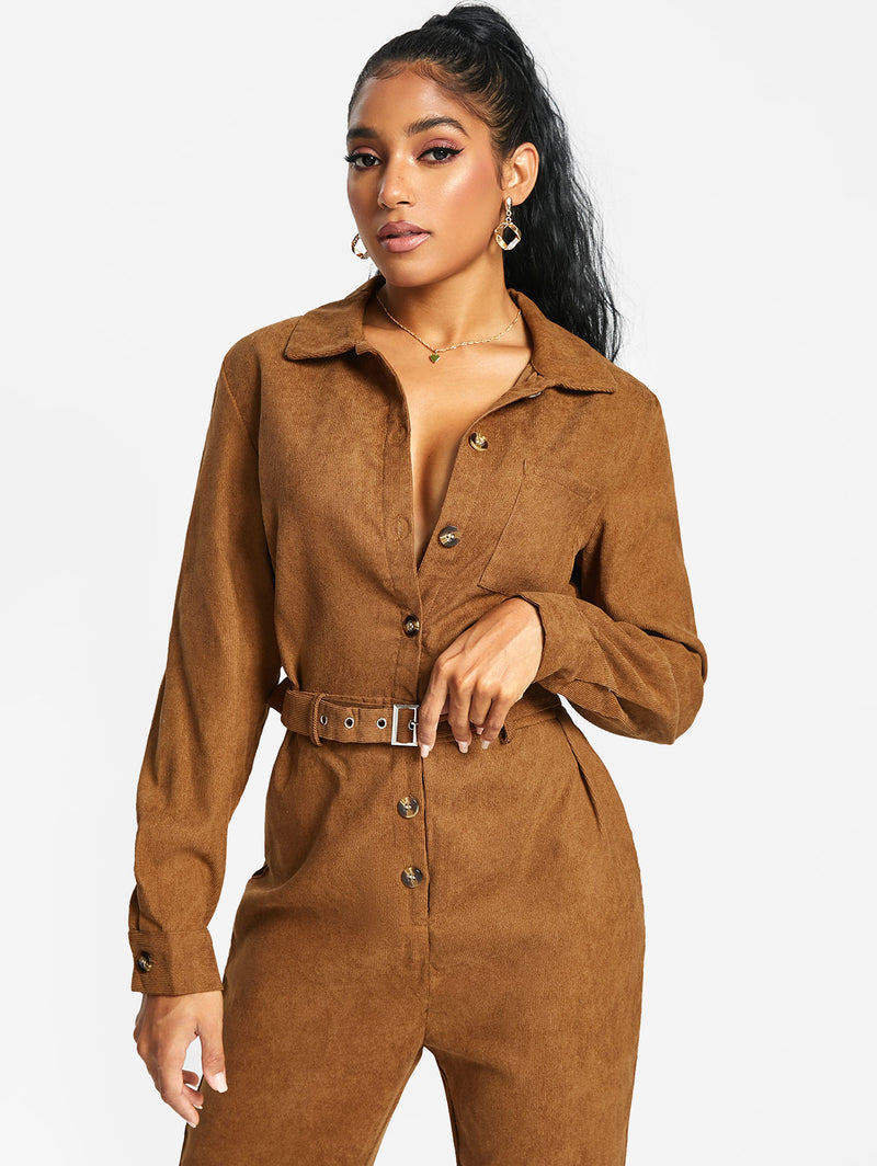 Corduroy Buckle-belted Shirt-style Jumpsuit Solid Long Sleeves Overalls Fall Outfits Women