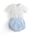 Summer Baby Boy Spanish Clothes Set Children White Cotton Shirt Peter Pan Collar Blue Linen Shorts Bloomers Outfits