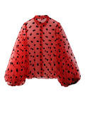 Women Red Dot Mesh Elegant Blouse Lapel Long Lantern Sleeve Loose Fit Shirt Tide Spring Autumn