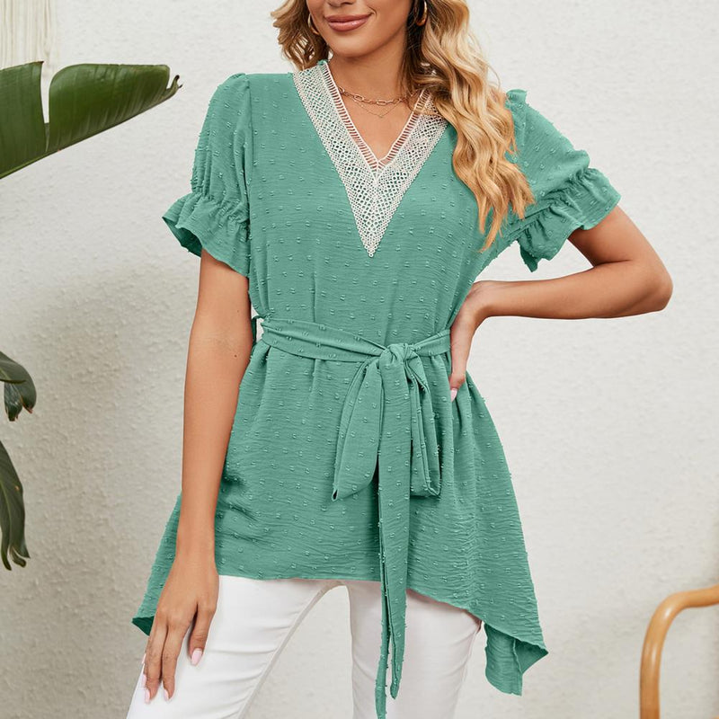 Elegant Women Shirt Lace Stitching Trim Ruffle Short Sleeve Jacquard Irregular Hem Belt Chiffon Blouses Tops Streetwear