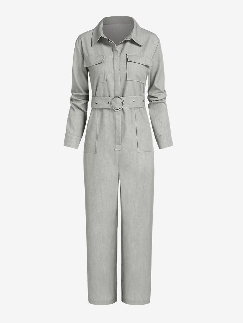 Button Placket Belted Flap Pocket Long Sleeve Jumpsuit Women Long Sleeve Shirt Overalls Fall Outfits