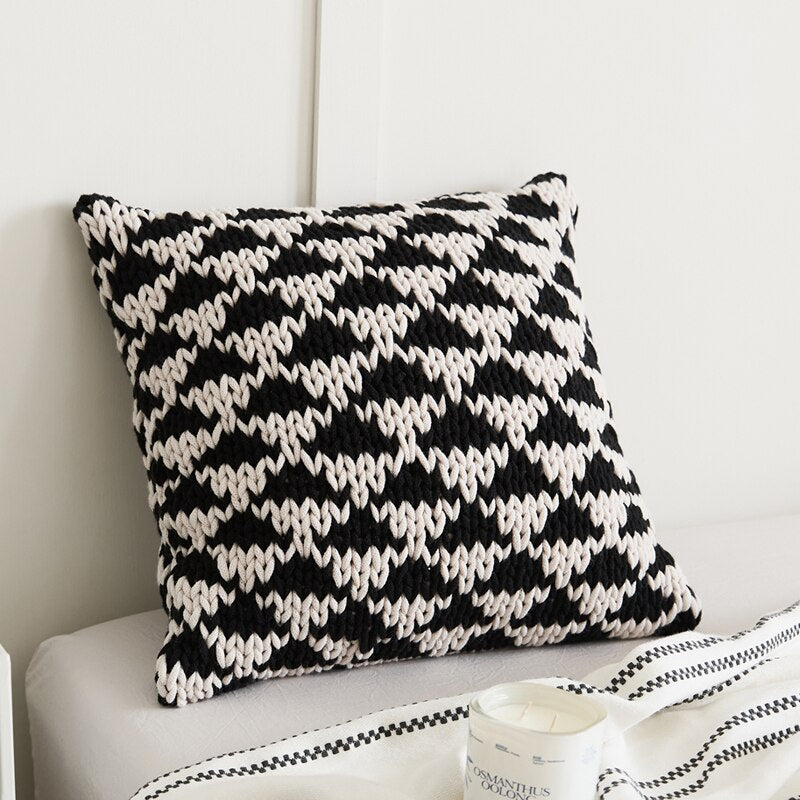 Decoration Cushion 45x45cm Handmade Pillow Geometric Black Ivory Knit Stipe Woven Home Pillow Square Including Inner filler