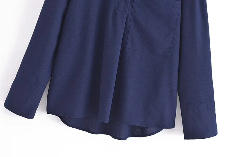 Simple Stand Collar Cotton Linen Shirt Pockets Casual Blouse Women