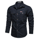 Casual Cotton Men Shirts Solid Stand Collar Pocket Button Up Shirts for Men Long Sleeve Shirts Men