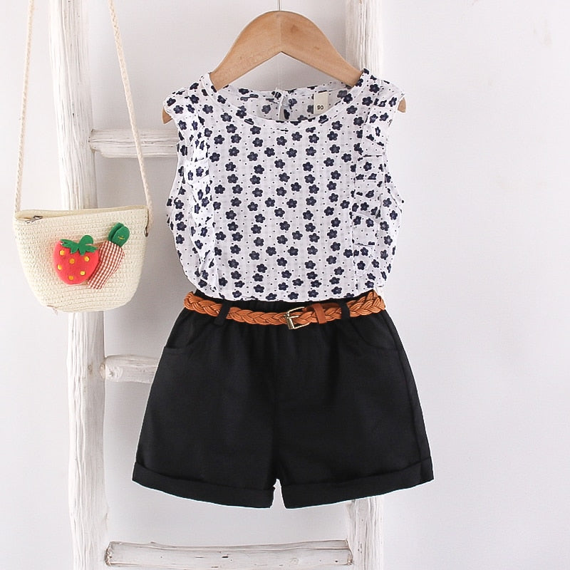 Summer Chiffon Suit 2 Sleeveless Tops Shorts Two Piece Set Women Floral Children Clothing Suit Outfits