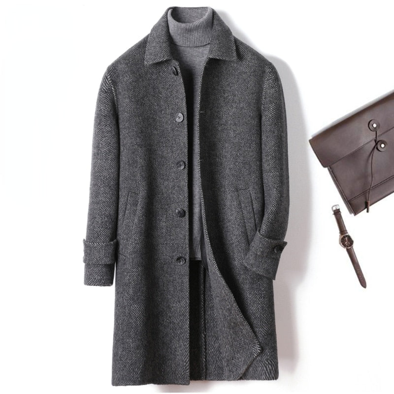 Cashmere Wool Plaid Coat Men Autumn and Winter Woolen Jacket Gray Trench Coats Smart Casual Overcoat Trendy Mens Clothing