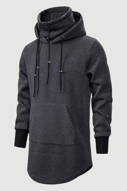 Men Slim Long section High collar Hooded Sweatshirt Man Extend Curved hem Solid black Cotton Casual Pullover Hoodies