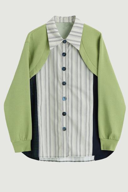 Women Green Striped Blouse New Lapel Long Sleeve Loose Fit Shirt Spring Autumn
