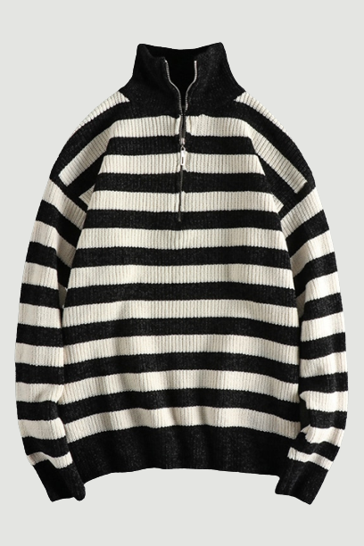Soft Waxy Warm and Lazy Knitwear Sweater Men Contrast Stripe Design Loose Half High Collar Pullover