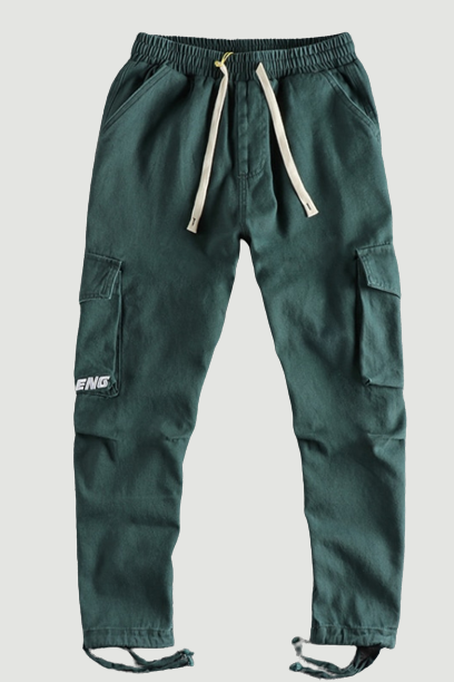Drawstring hemmed design solid pocket work casual pants mens high street loose autumn thick long pants