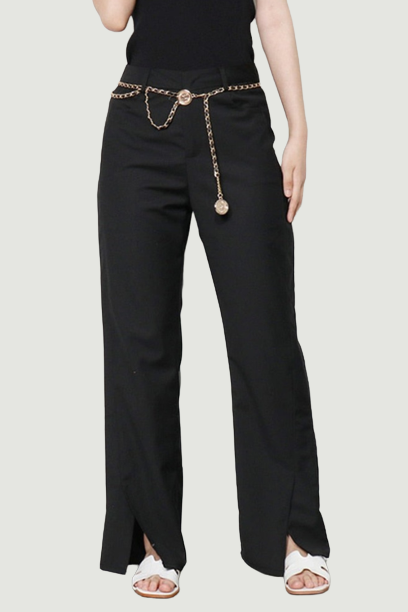 Minimalist Patchwork Chain Trousers For Women High Waist Flat Zipper Split Buttom Casual Wide Leg Pants Female Autumn