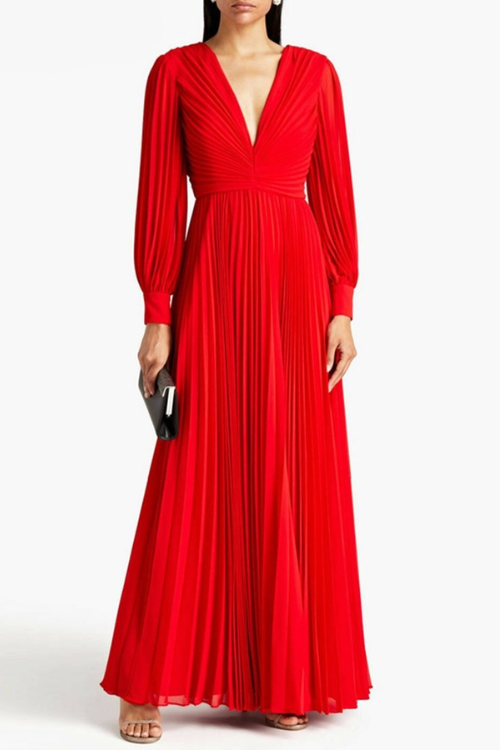 Women Elegant Maxi Dress Pleated Backless Solid New V Neck Long Sleeve Evening Party Dresses Summer
