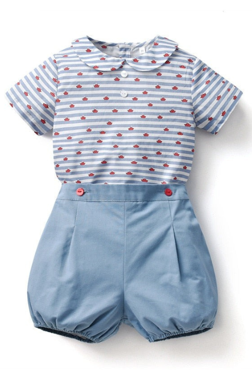 Baby Boy Spanish Clothes Set Children Summer Cotton Outfits Striped Tops Shirt Peter Pan Collar Blue Shorts Pants