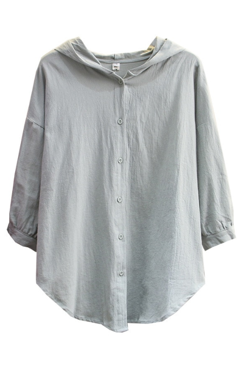 Spring Autumn Women Shirt Casual Clothes Female Tops Cotton And Linen Half Sleeve Hooded