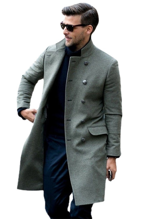 Business Casual Stand Collar Double Breasted Woolen Coat Men Winter Wool Overcoat Mens Long Melton Trench Jacket