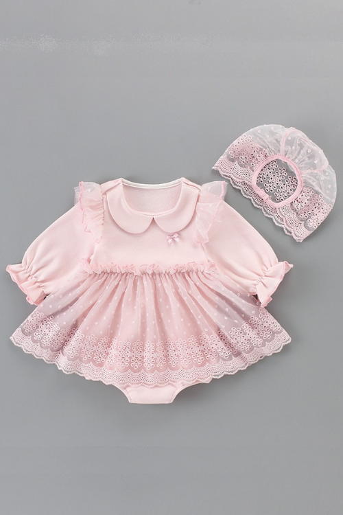 baby girls clothes baby autumn bodysuits infant baby girls christening baptism party princess dress+lace hat 2pcs/set pink 0-2Y