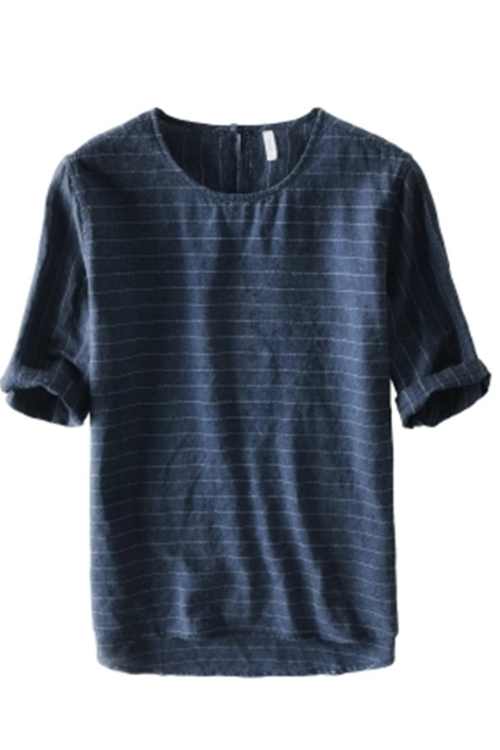Retro T Shirt for Men Cotton Linen Short Sleeve Striped Male Summer