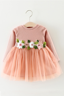 Robe de mariée en dentelle pour petites filles, tenue princesse fantaisie, manches longues, avec fleurs, pour premier anniversaire